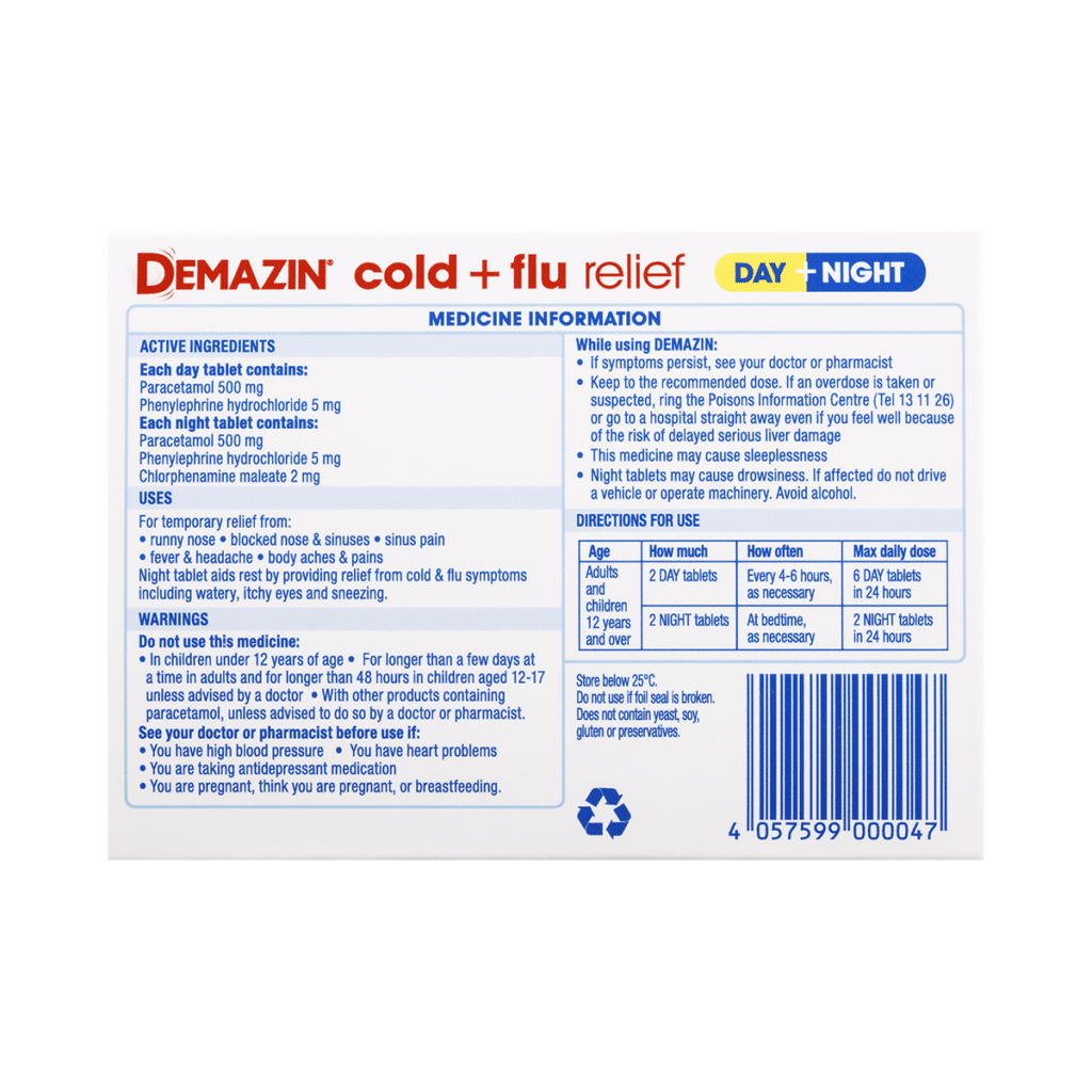 Demazin Cold + Flu Relief Day + Night Tablets 24 tablets