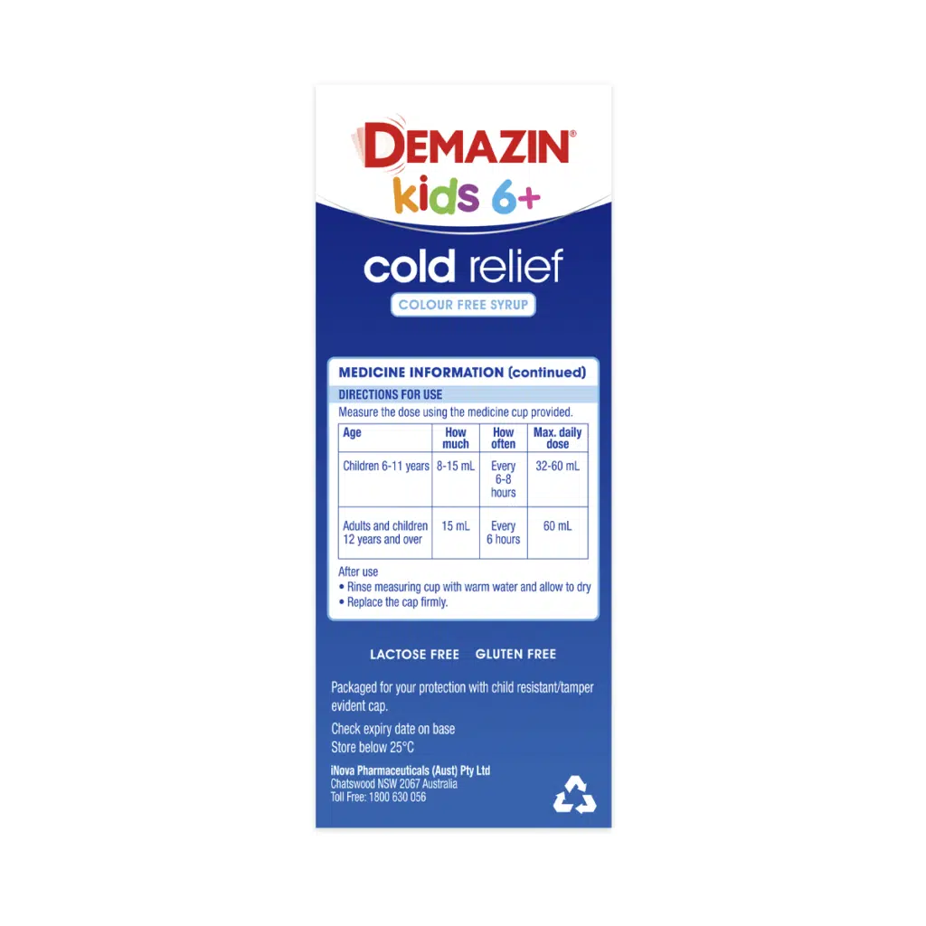Demazin Kids 6+ Cold Relief Colour Free Syrup 100mL
