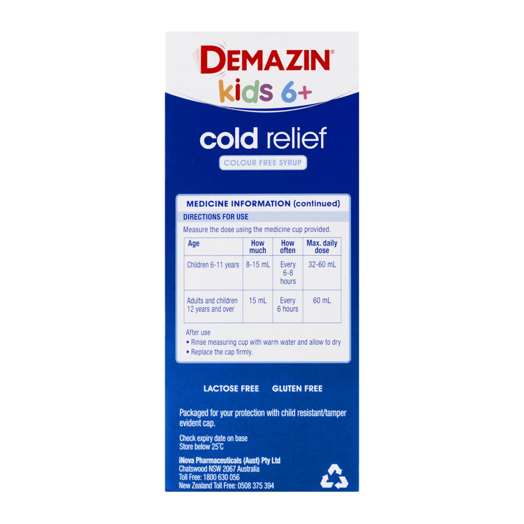 Demazin Kids 6+ Cold Relief Colour Free Syrup Peach & Vanilla Flavour