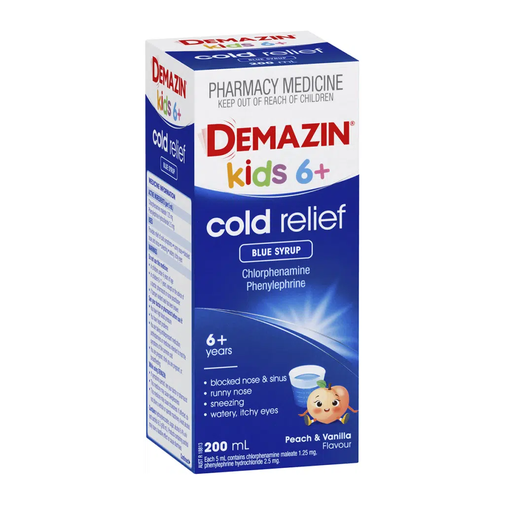 Demazin Kids 6+ Cold Relief Blue Syrup Peach & Vanilla Flavour