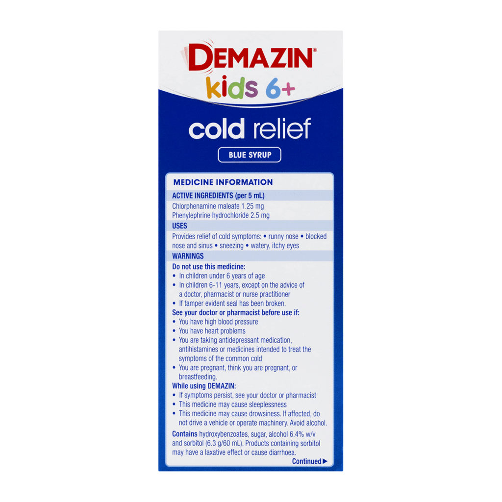 Demazin Kids 6+ Cold Relief Blue Syrup Peach & Vanilla Flavour
